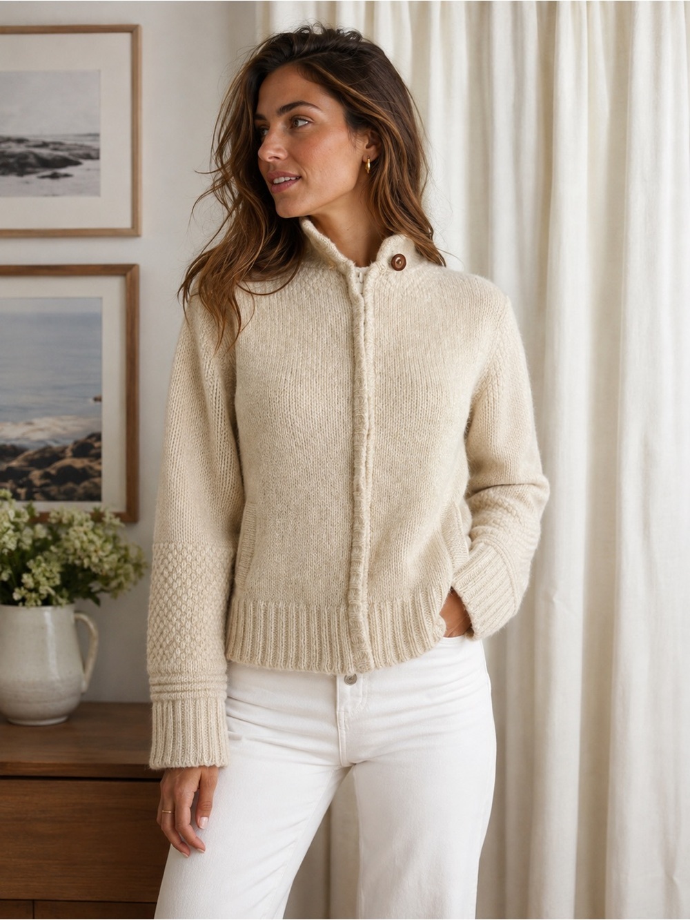 Vintage Cream Knit Zip-Front Wool Sweater Jacket-Small